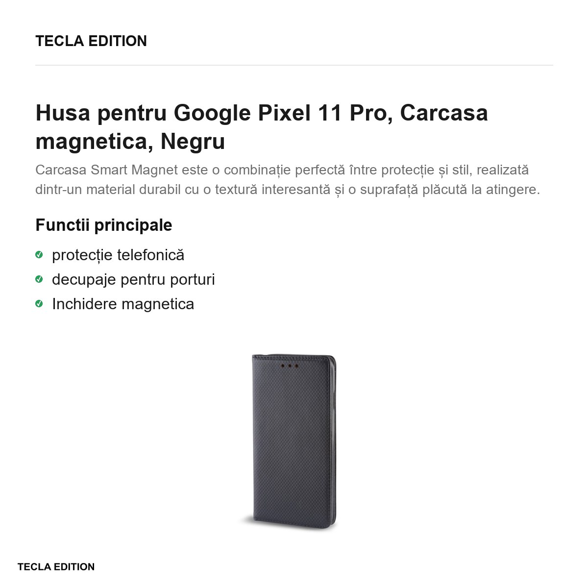Husa Smart Magnet pentru Google Pixel 11 Pro, tip carte cu inchidere magnetica, Negru [1]
