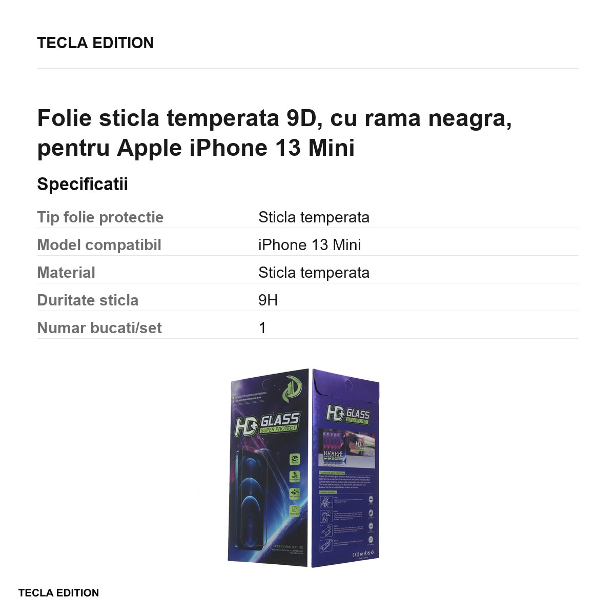 Folie sticla temperata 9D, cu rama neagra, pentru Apple iPhone 13 Mini [2]