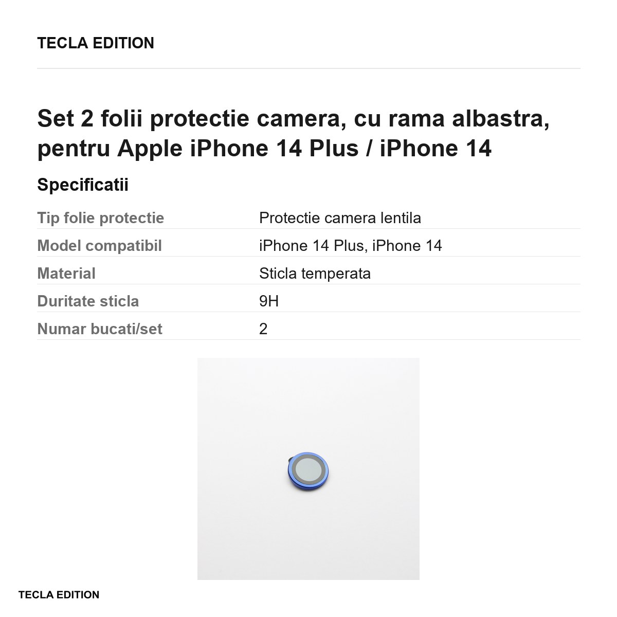 Set 2 folii protectie camera, cu rama albastra, pentru Apple iPhone 14 Plus / iPhone 14 [2]