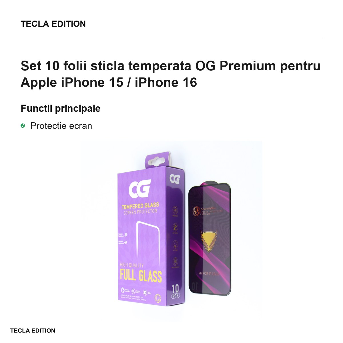Set 10 folii sticla temperata OG Premium pentru Apple iPhone 15 / iPhone 16 [1]
