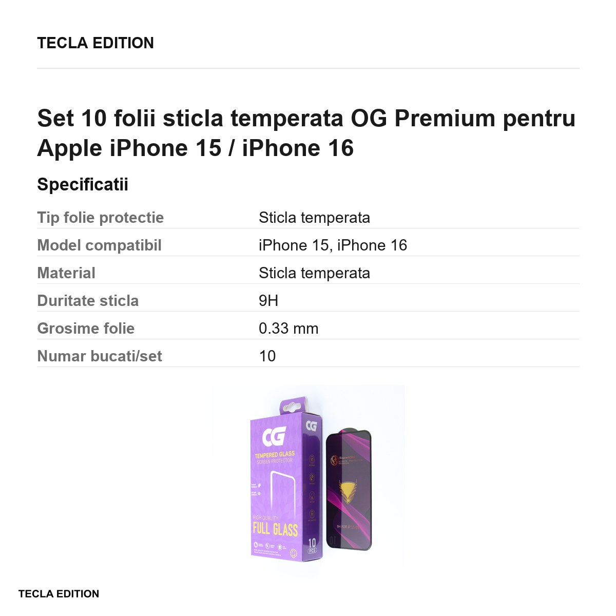 Set 10 folii sticla temperata OG Premium pentru Apple iPhone 15 / iPhone 16 [2]