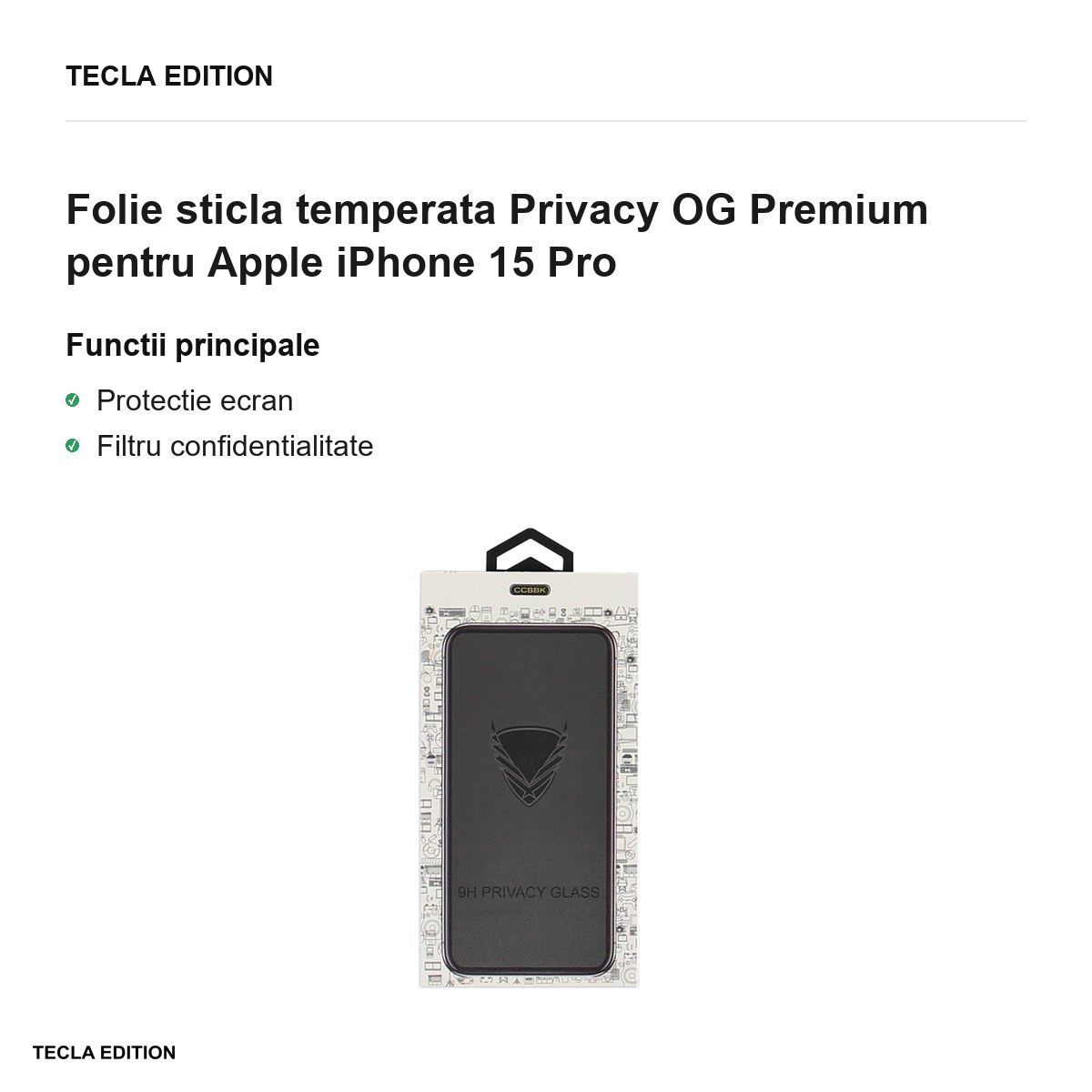 Folie sticla temperata Privacy OG Premium pentru Apple iPhone 15 Pro [1]