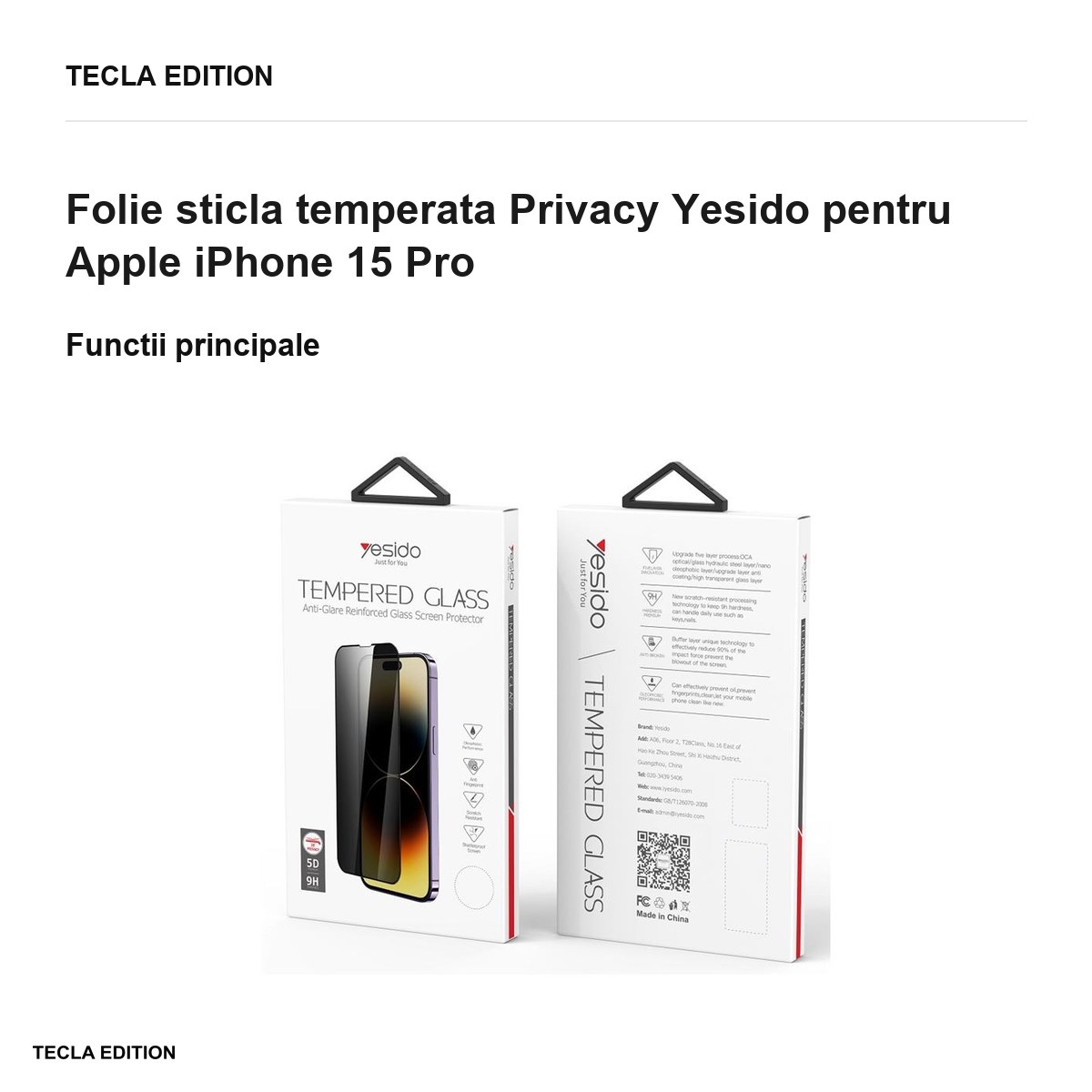 Folie sticla temperata Privacy Yesido pentru Apple iPhone 15 Pro [1]