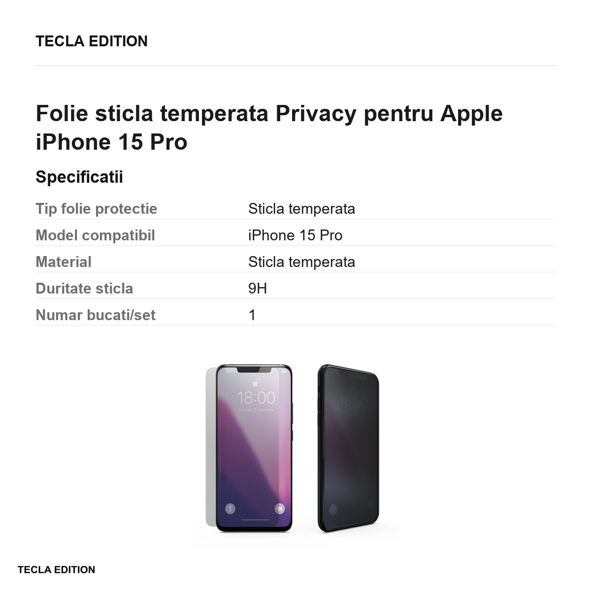 Folie sticla temperata Privacy pentru Apple iPhone 15 Pro [2]
