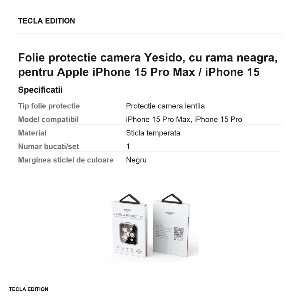 Folie protectie camera Yesido, cu rama neagra, pentru Apple iPhone 15 Pro Max / iPhone 15 Pro [2]