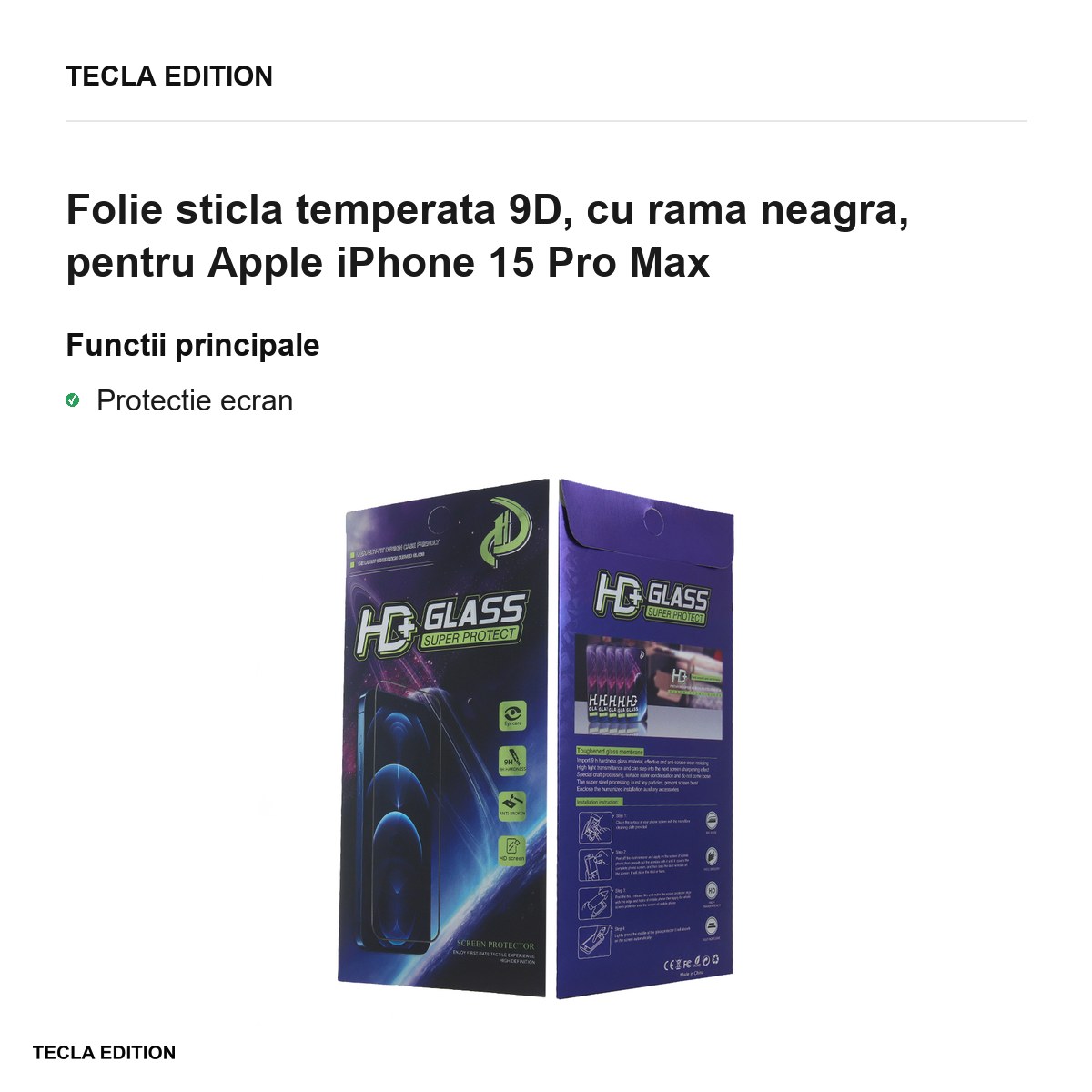 Folie sticla temperata 9D, cu rama neagra, pentru Apple iPhone 15 Pro Max [1]