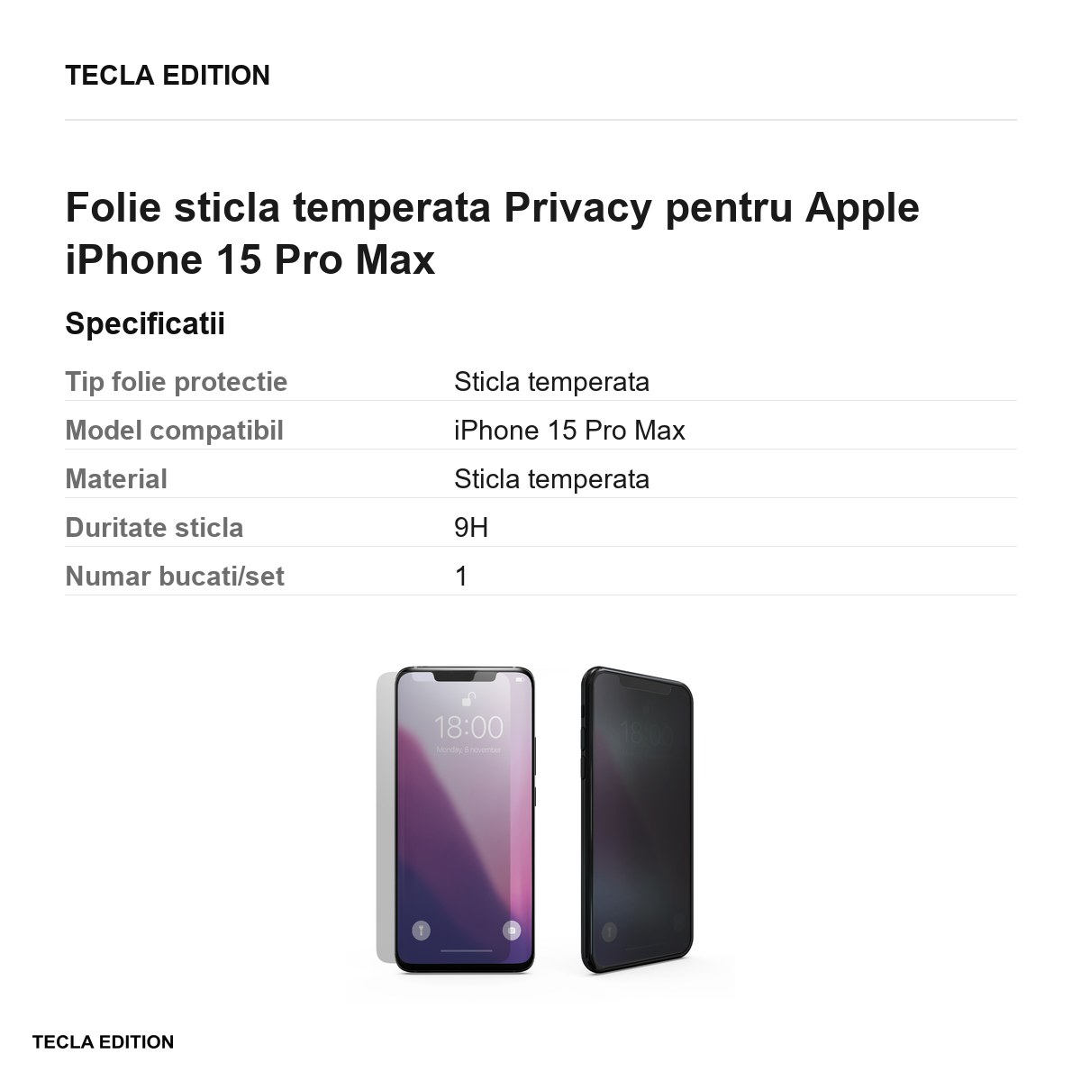 Folie sticla temperata Privacy pentru Apple iPhone 15 Pro Max [2]