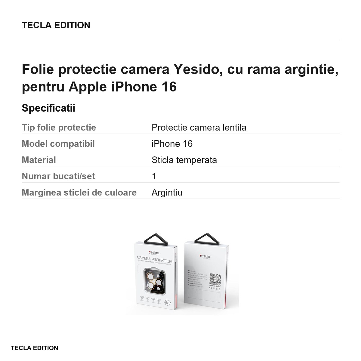 Folie protectie camera Yesido, cu rama argintie, pentru Apple iPhone 16 [2]