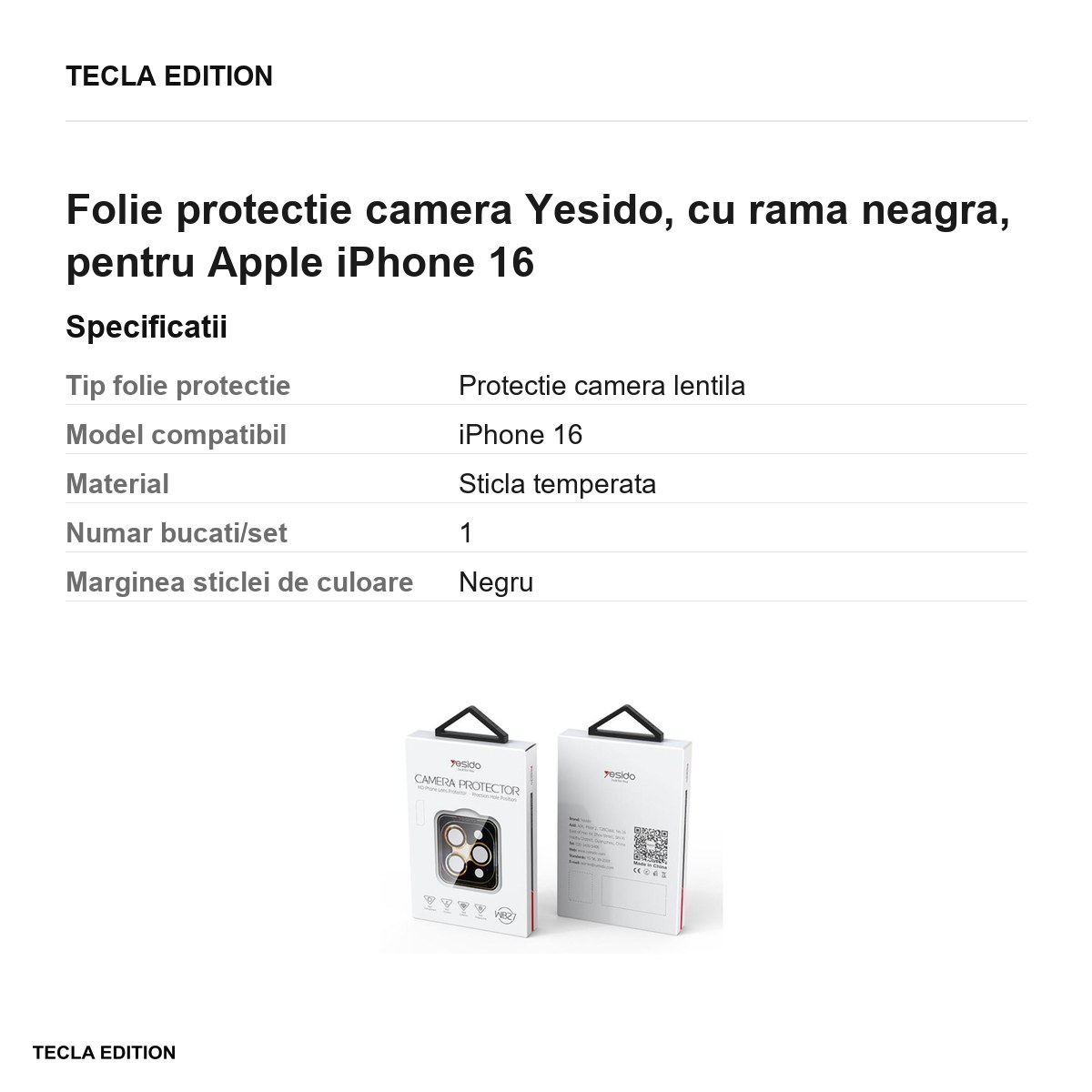 Folie protectie camera Yesido, cu rama neagra, pentru Apple iPhone 16 [2]