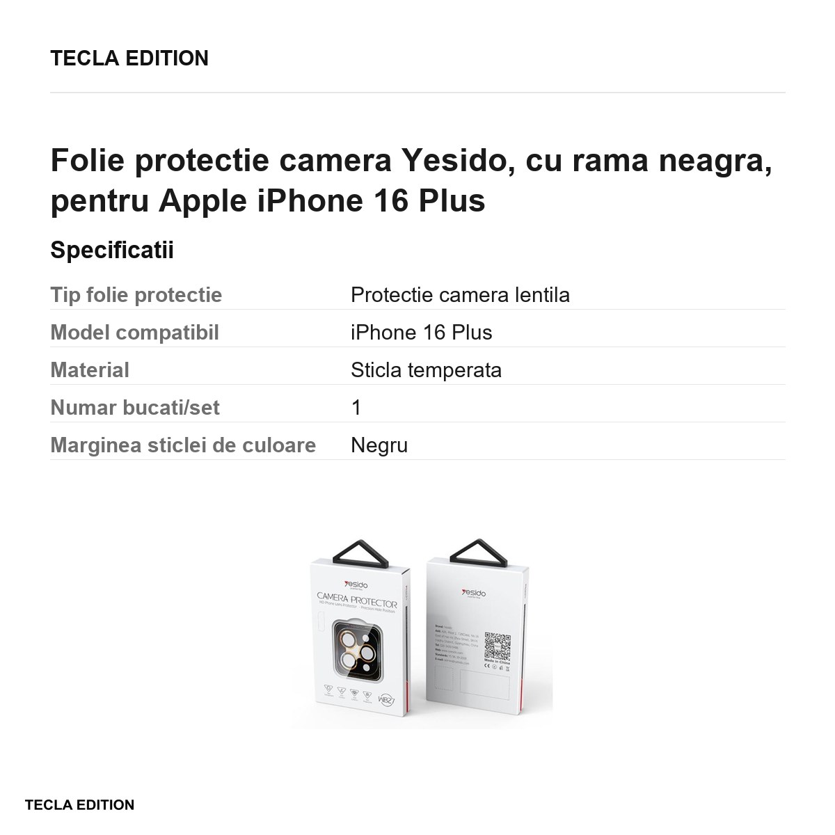 Folie protectie camera Yesido, cu rama neagra, pentru Apple iPhone 16 Plus [2]