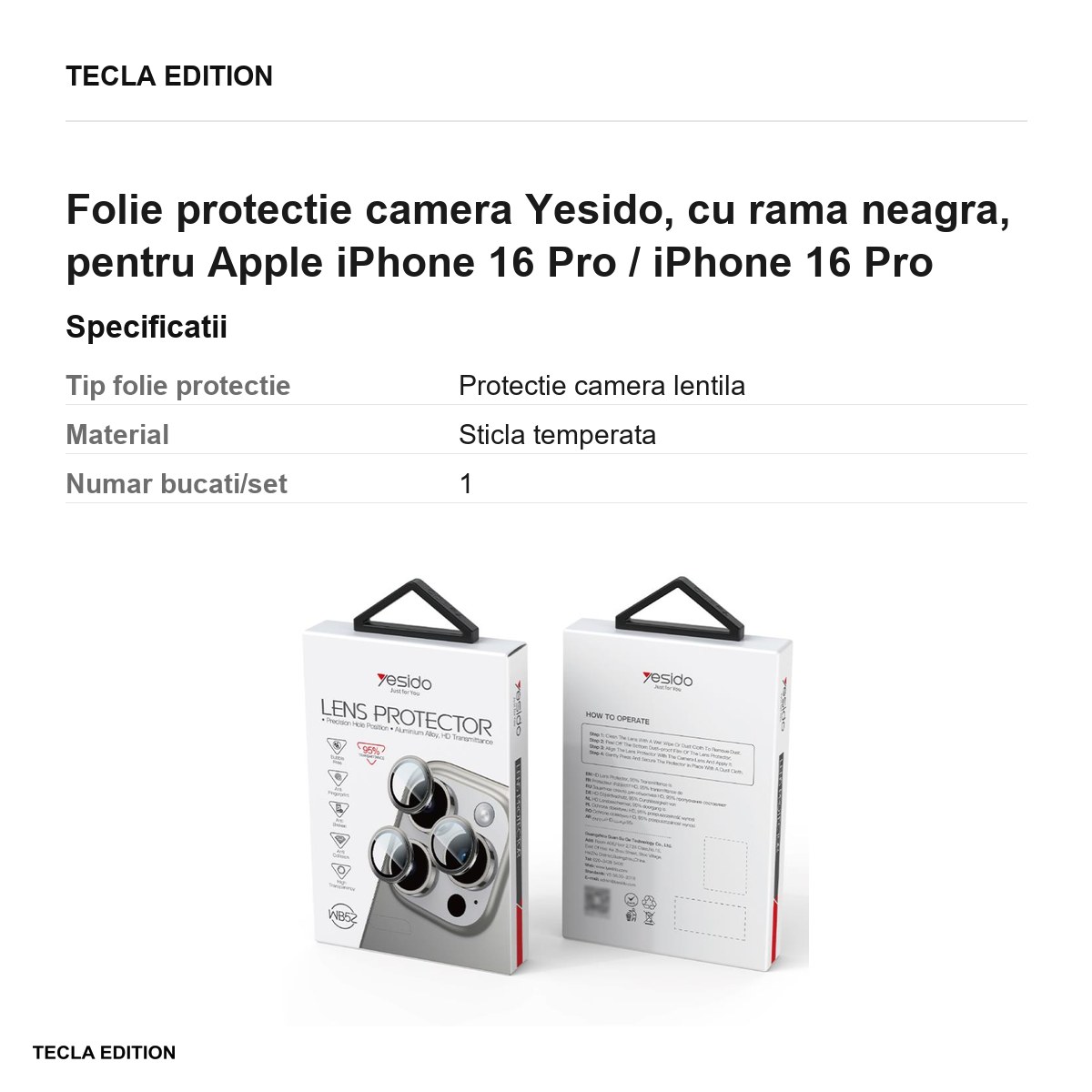 Folie protectie camera Yesido, cu rama neagra, pentru Apple iPhone 16 Pro / iPhone 16 Pro Max [2]