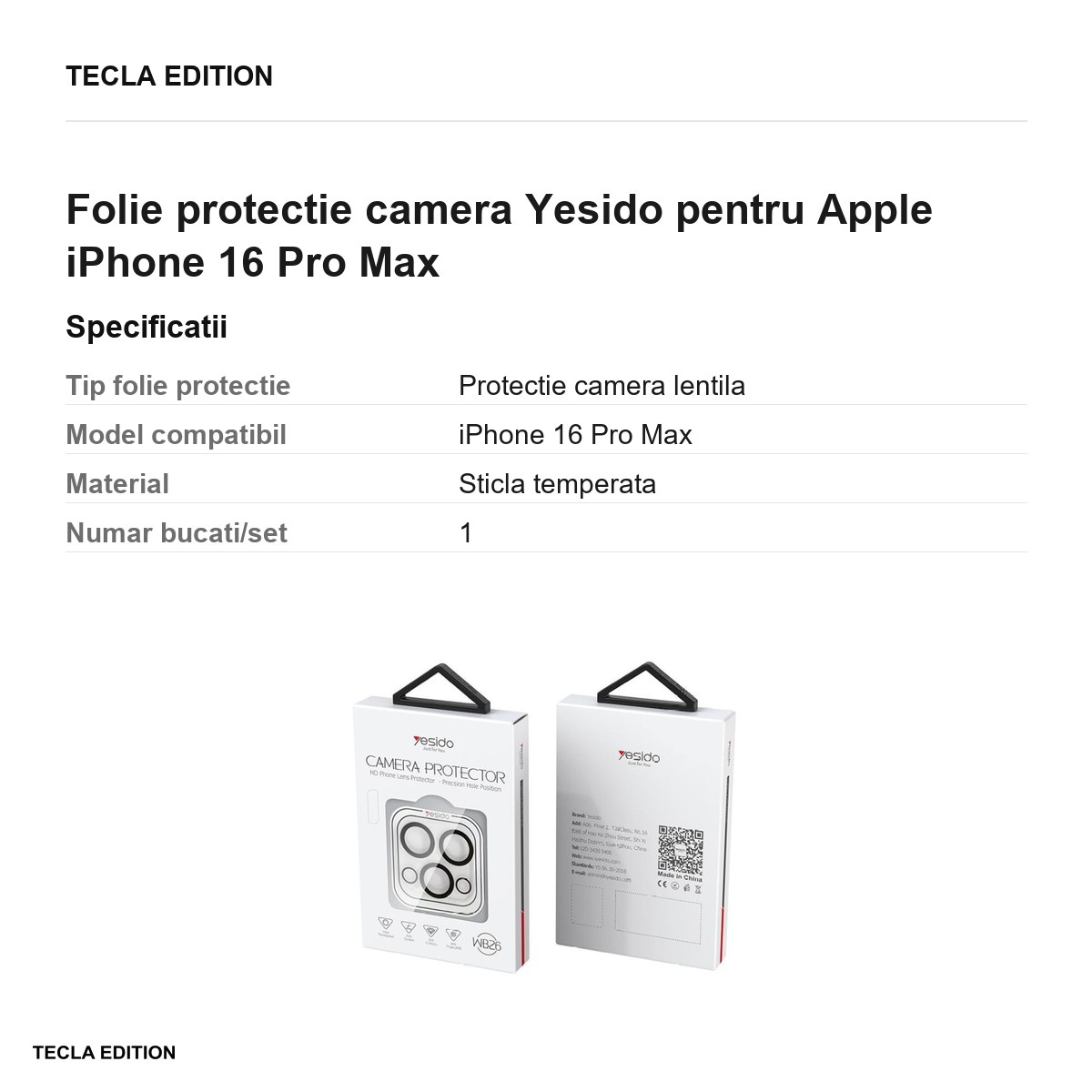 Folie protectie camera Yesido pentru Apple iPhone 16 Pro Max [2]
