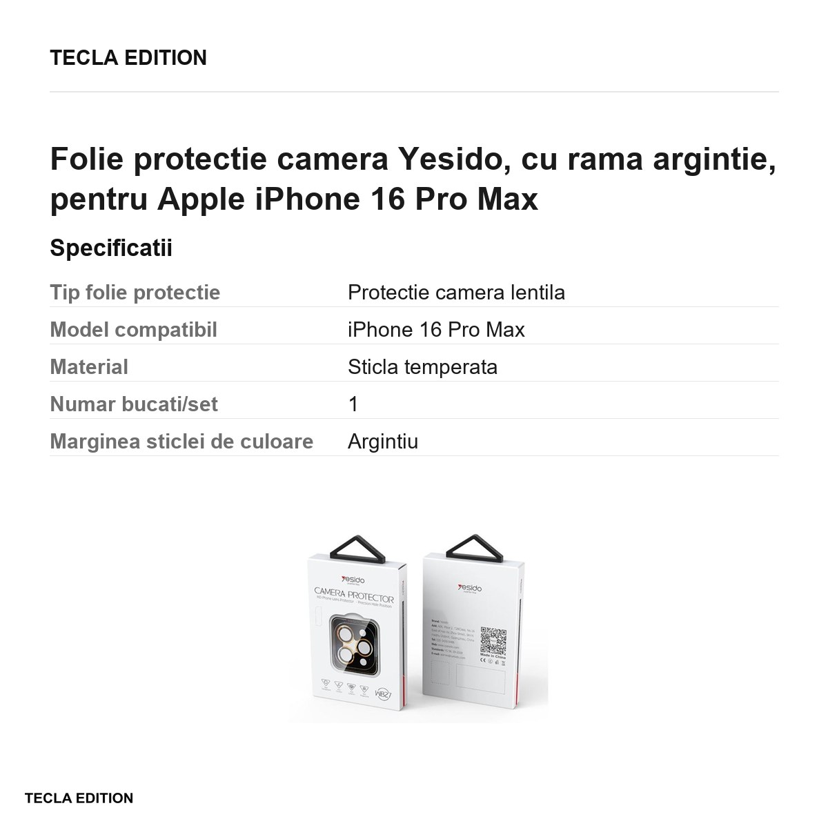 Folie protectie camera Yesido, cu rama argintie, pentru Apple iPhone 16 Pro Max [2]