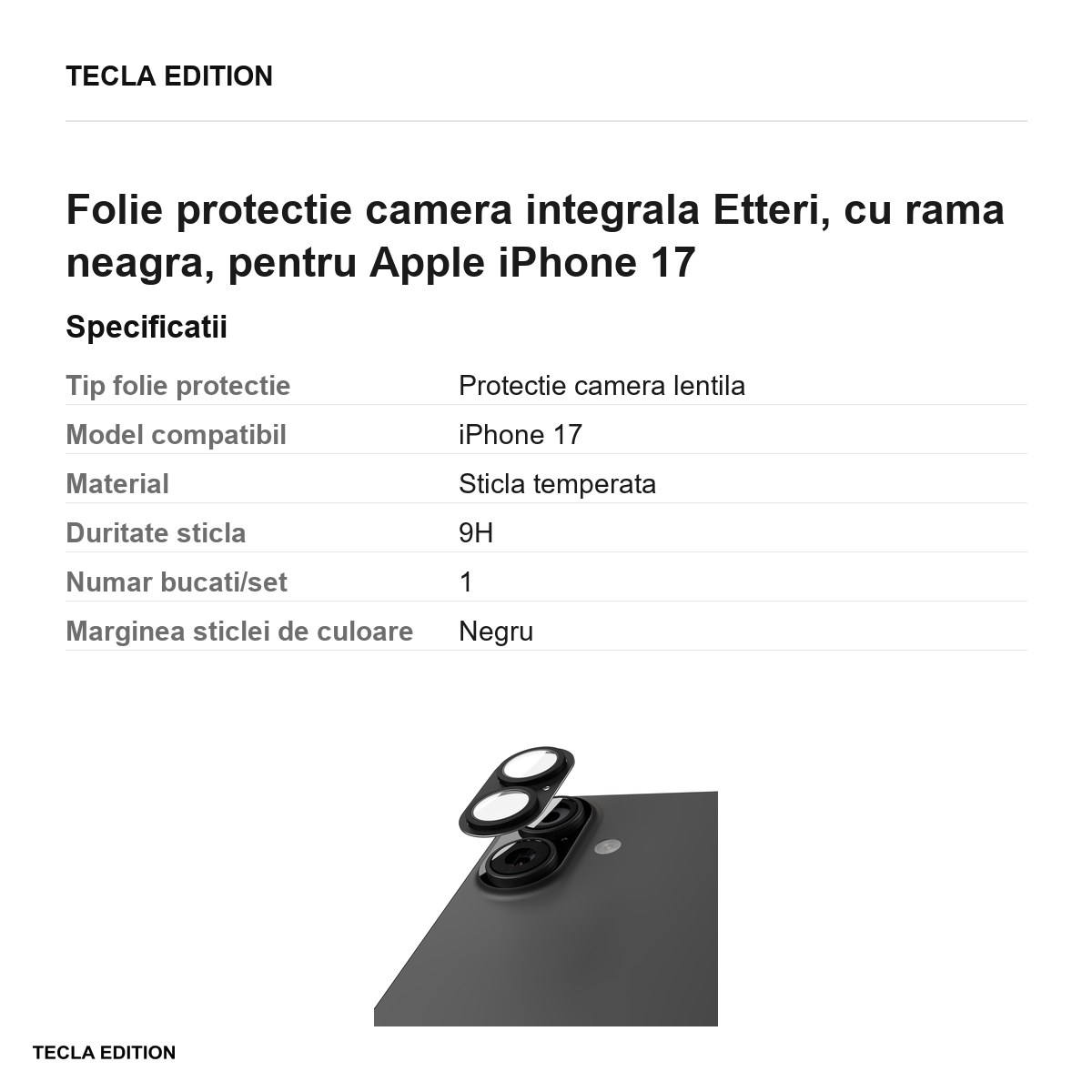 Folie protectie camera integrala Etteri, cu rama neagra, pentru Apple iPhone 17 [2]