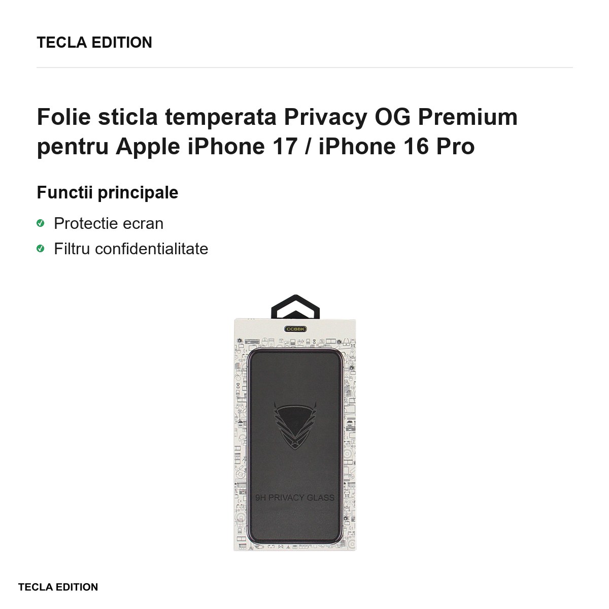 Folie sticla temperata Privacy OG Premium pentru Apple iPhone 17 / iPhone 16 Pro [1]