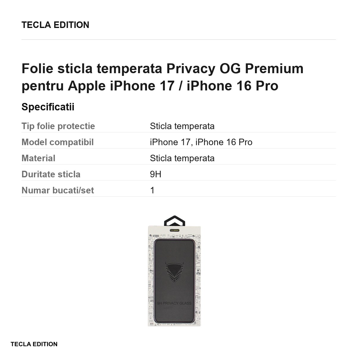 Folie sticla temperata Privacy OG Premium pentru Apple iPhone 17 / iPhone 16 Pro [2]