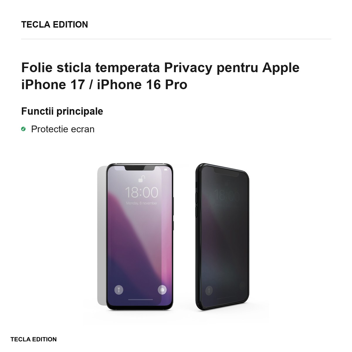 Folie sticla temperata Privacy pentru Apple iPhone 17 / iPhone 16 Pro [1]