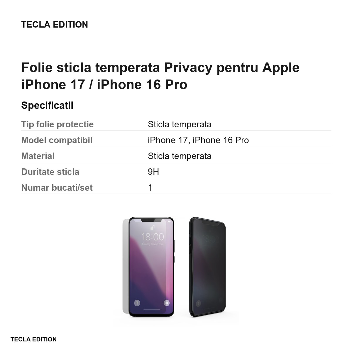 Folie sticla temperata Privacy pentru Apple iPhone 17 / iPhone 16 Pro [2]