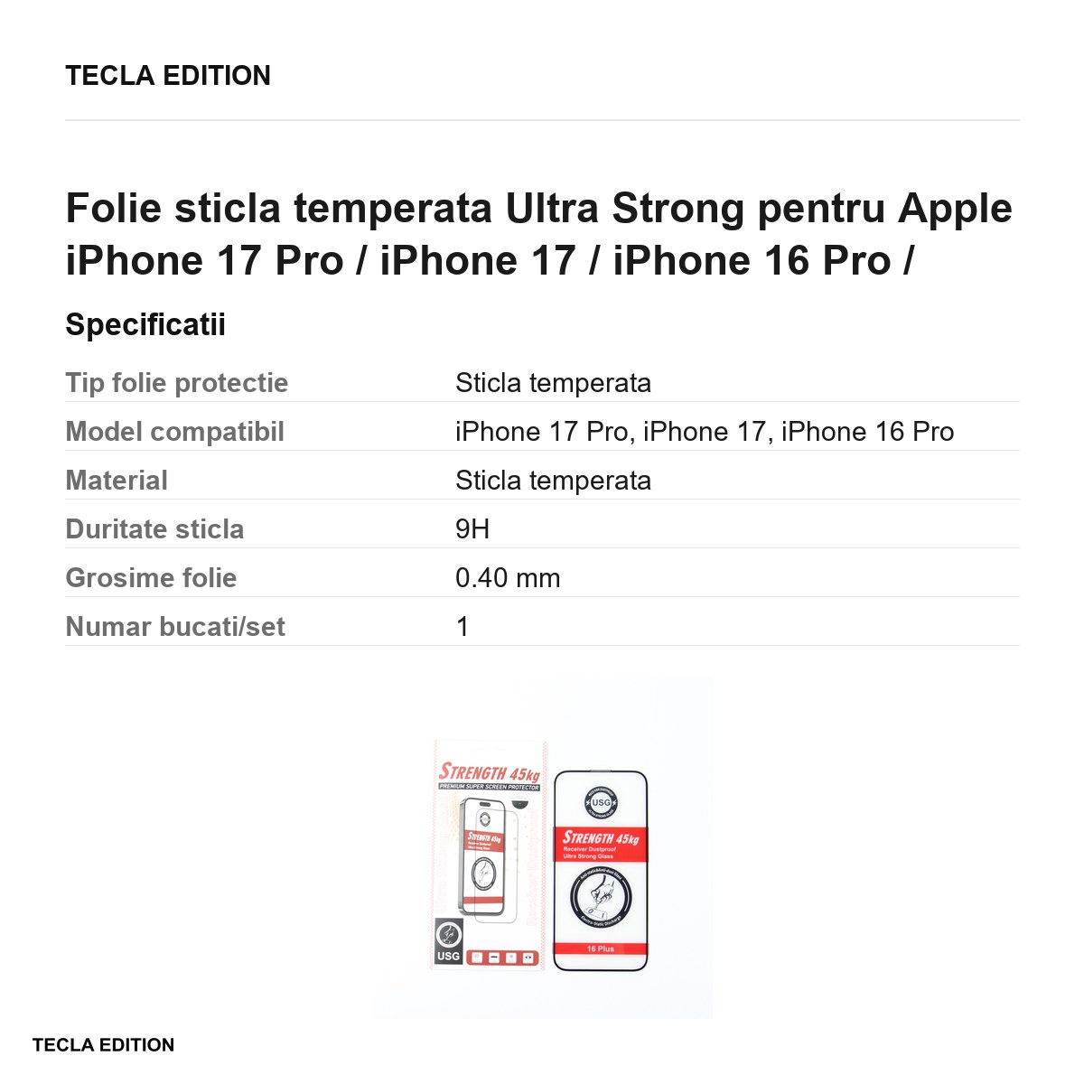 Folie sticla temperata Ultra Strong pentru Apple iPhone 17 Pro / iPhone 17 / iPhone 16 Pro / iPhone 18 [2]
