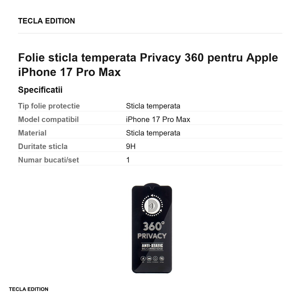 Folie sticla temperata Privacy 360 pentru Apple iPhone 17 Pro Max [2]