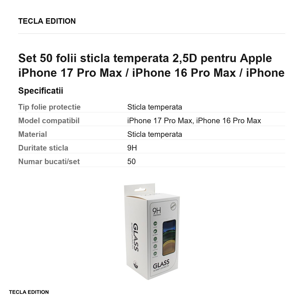 Set 50 folii sticla temperata 2,5D pentru Apple iPhone 17 Pro Max / iPhone 16 Pro Max / iPhone 18 Pro Max [2]