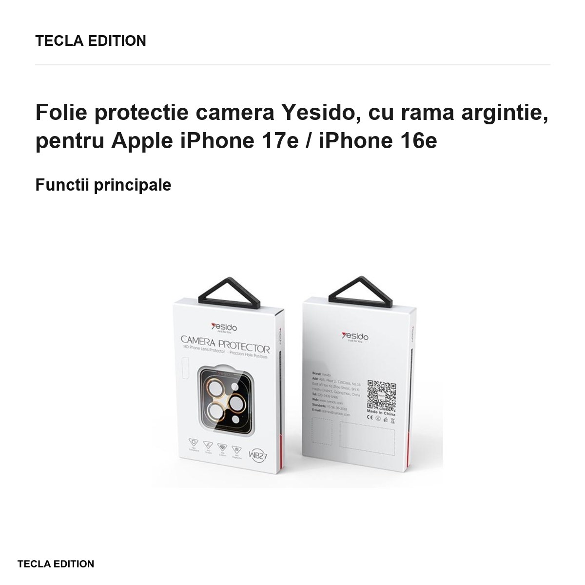Folie protectie camera Yesido, cu rama argintie, pentru Apple iPhone 17e / iPhone 16e [1]