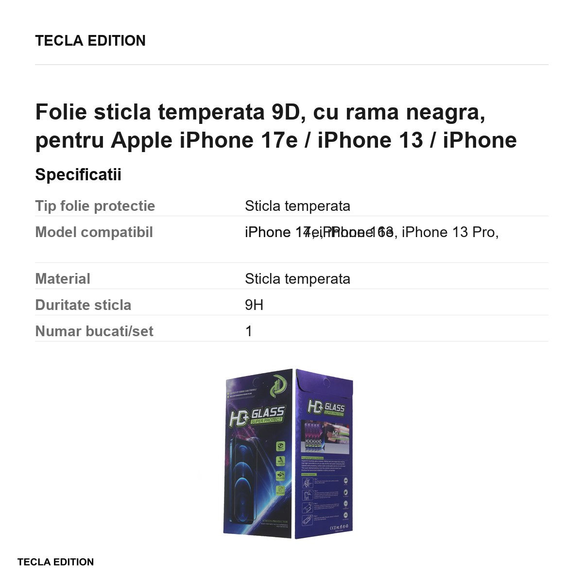 Folie sticla temperata 9D, cu rama neagra, pentru Apple iPhone 17e / iPhone 13 / iPhone 13 Pro / iPhone 14 / iPhone 16e [2]