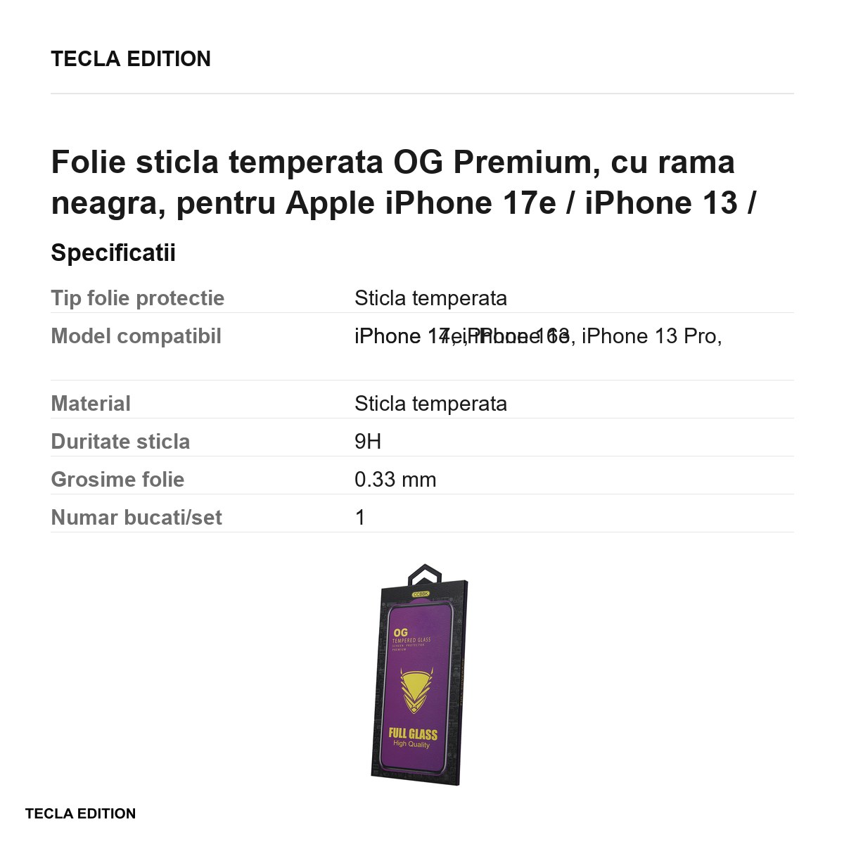 Folie sticla temperata OG Premium, cu rama neagra, pentru Apple iPhone 17e / iPhone 13 / iPhone 13 Pro / iPhone 14 / iPhone 16e [2]
