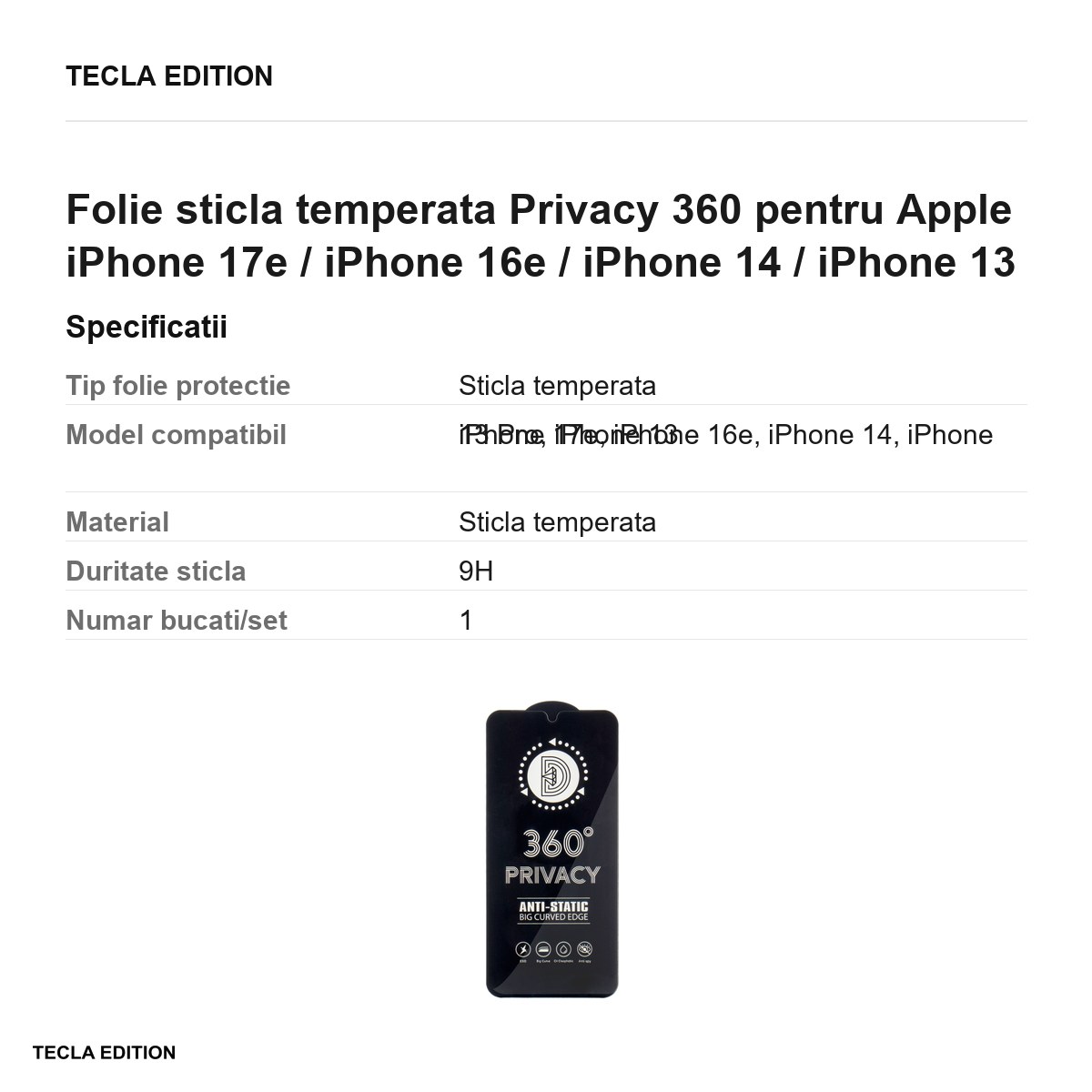 Folie sticla temperata Privacy 360 pentru Apple iPhone 17e / iPhone 16e / iPhone 14 / iPhone 13 Pro / iPhone 13 [2]