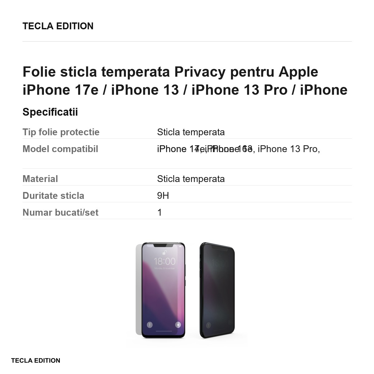 Folie sticla temperata Privacy pentru Apple iPhone 17e / iPhone 13 / iPhone 13 Pro / iPhone 14 / iPhone 16e [2]