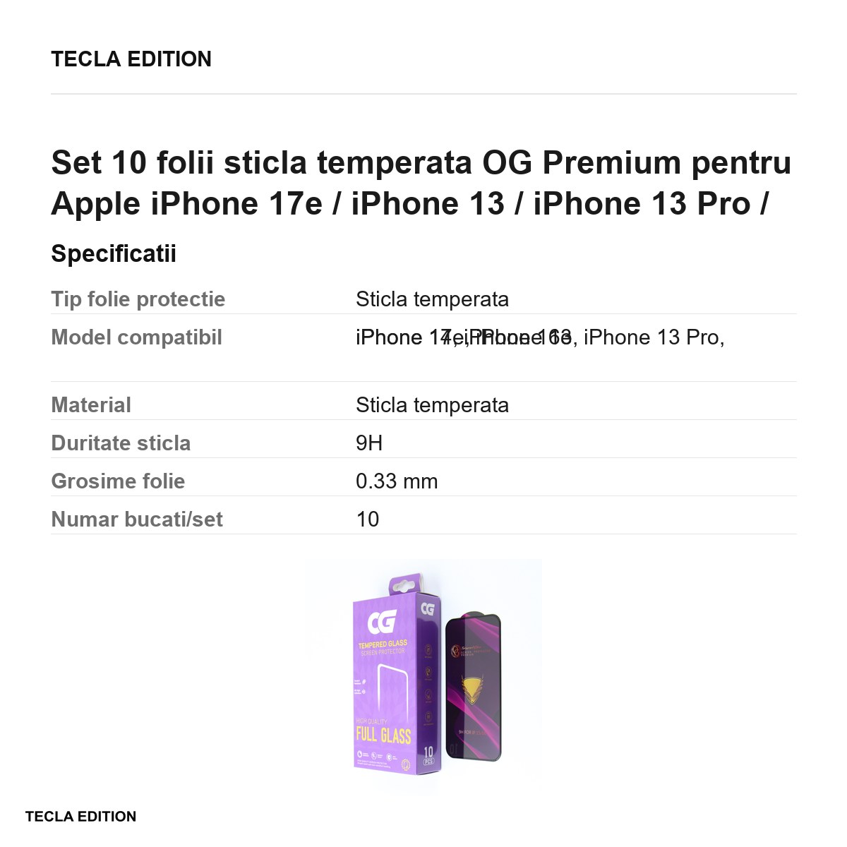 Set 10 folii sticla temperata OG Premium pentru Apple iPhone 17e / iPhone 13 / iPhone 13 Pro / iPhone 14 / iPhone 16e [2]