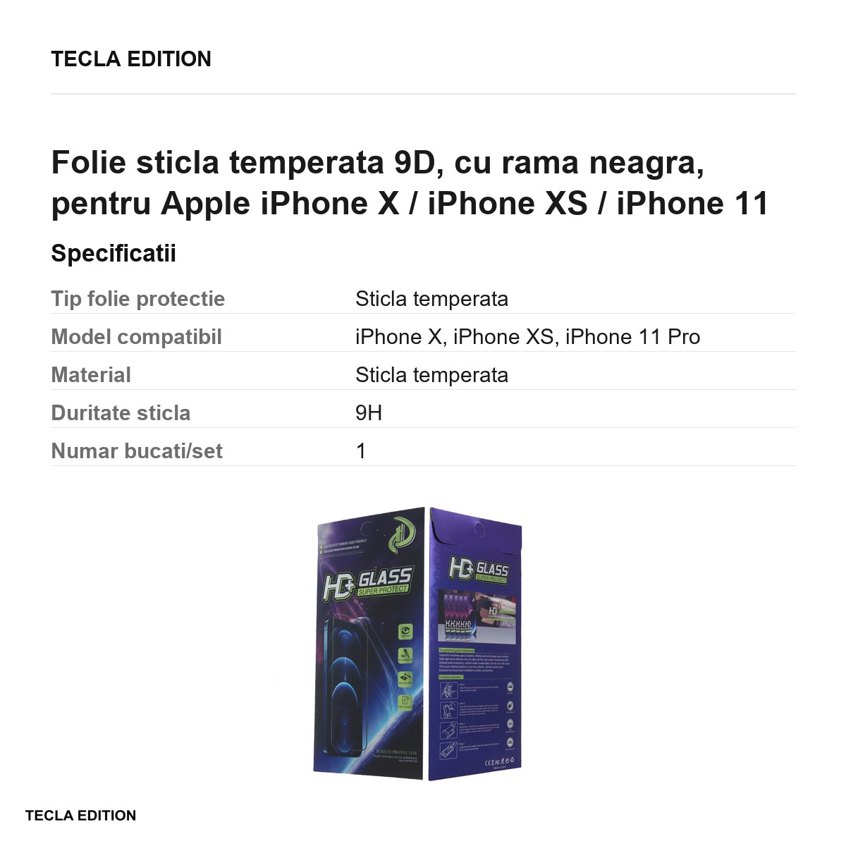 Folie sticla temperata 9D, cu rama neagra, pentru Apple iPhone X / iPhone XS / iPhone 11 Pro [2]