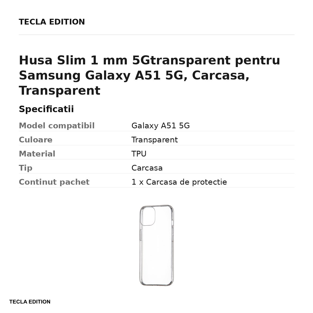 Husa Slim 1 mm 5Gtransparent pentru Samsung Galaxy A51 5G, Carcasa, Transparent [2]