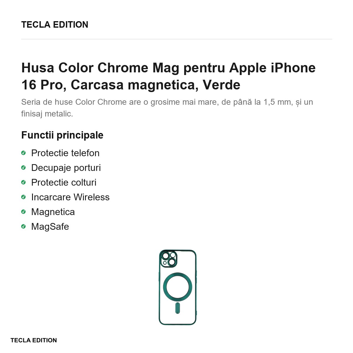 Husa Color Chrome Mag pentru Apple iPhone 16 Pro, Carcasa magnetica, Verde [1]