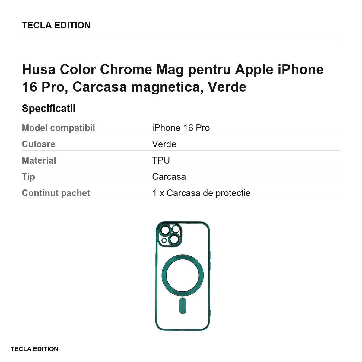 Husa Color Chrome Mag pentru Apple iPhone 16 Pro, Carcasa magnetica, Verde [2]