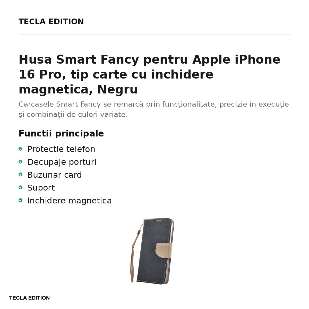 Husa Smart Fancy pentru Apple iPhone 16 Pro, tip carte cu inchidere magnetica, Auriu [1]