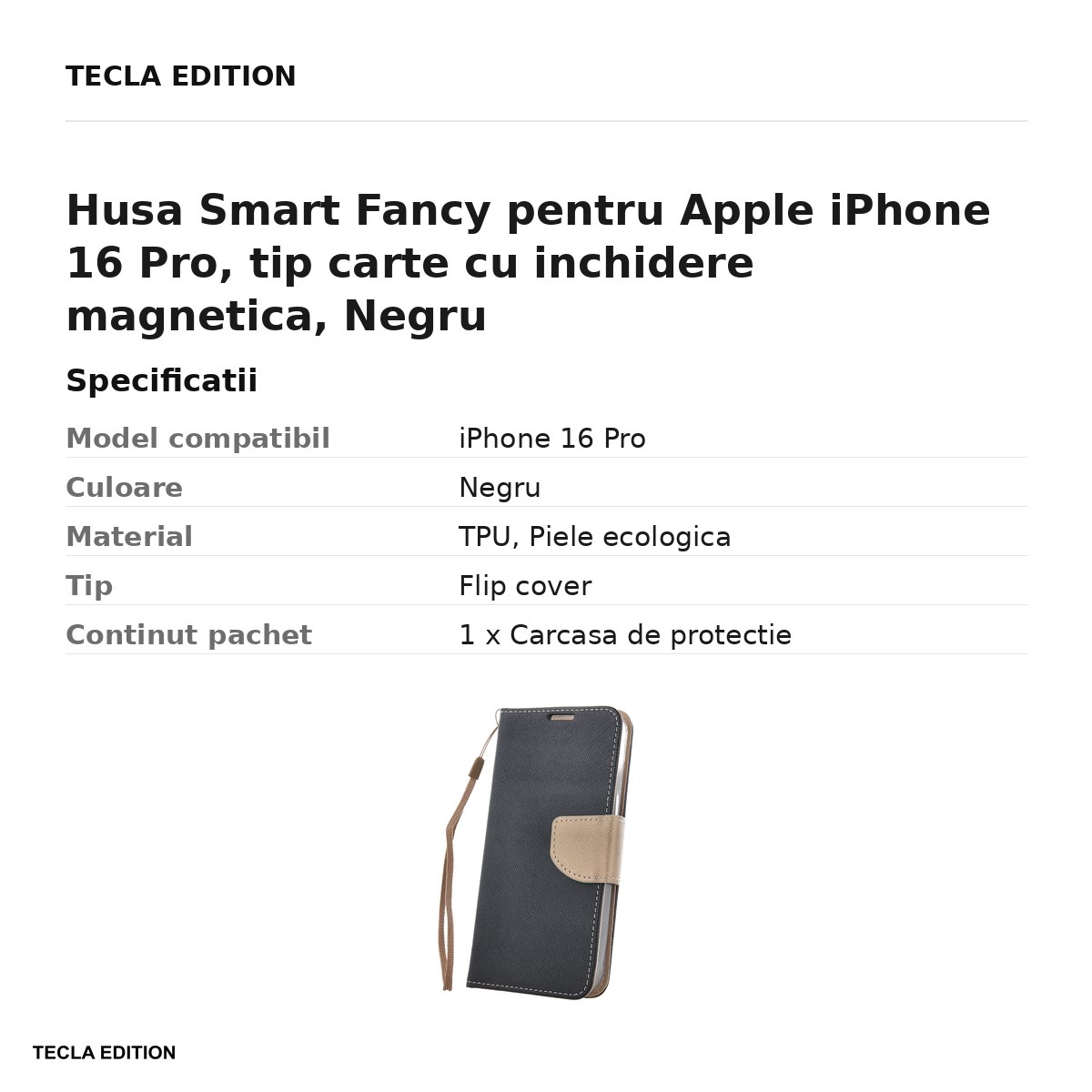 Husa Smart Fancy pentru Apple iPhone 16 Pro, tip carte cu inchidere magnetica, Auriu [2]