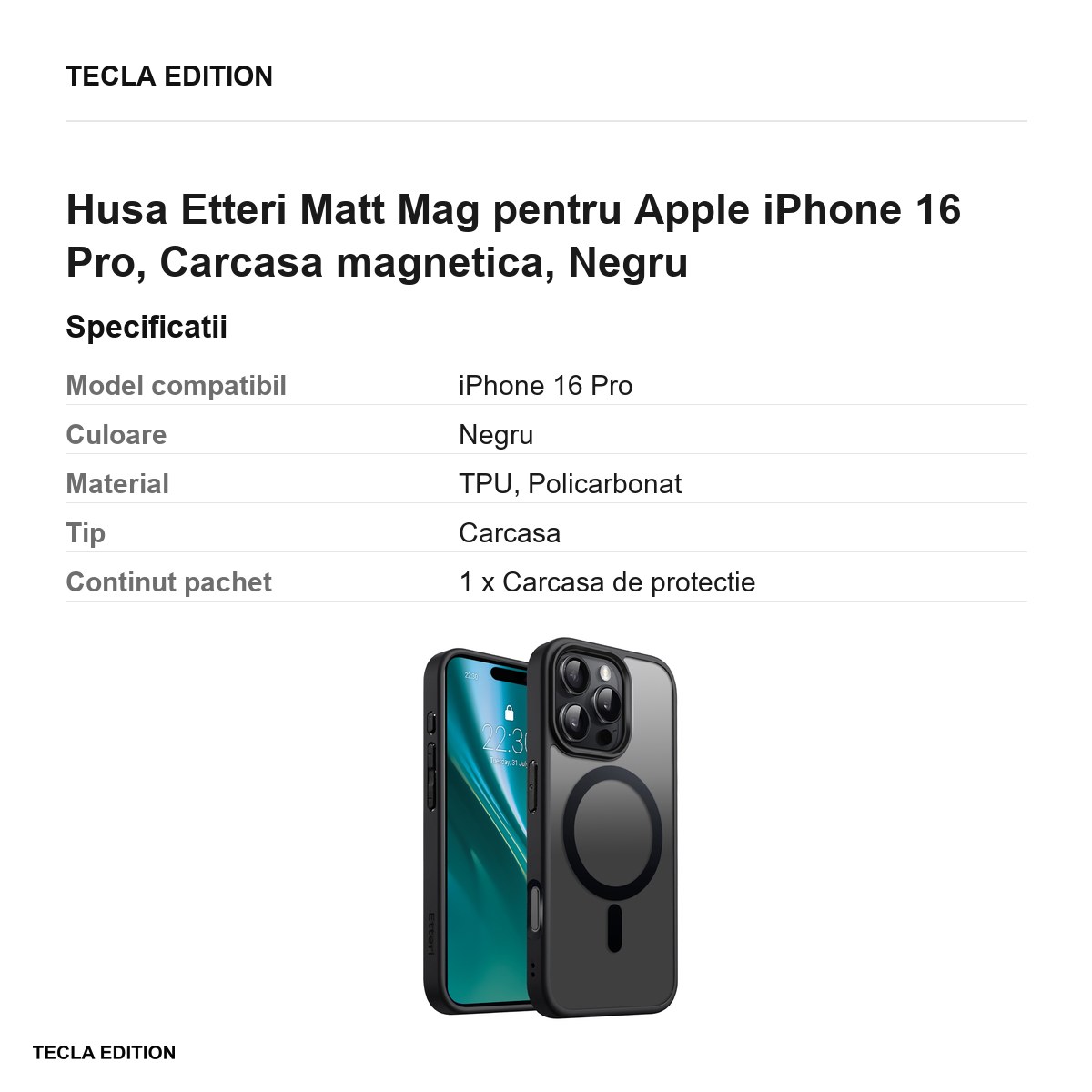 Husa Etteri Matt Mag pentru Apple iPhone 16 Pro, Carcasa magnetica, Negru [2]