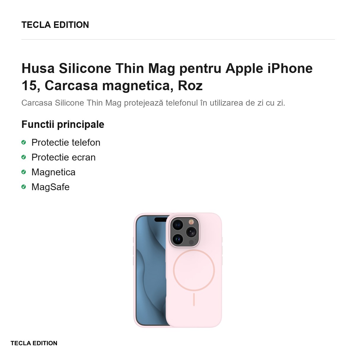 Husa Silicone Thin Mag pentru Apple iPhone 15, Carcasa magnetica, Roz [1]