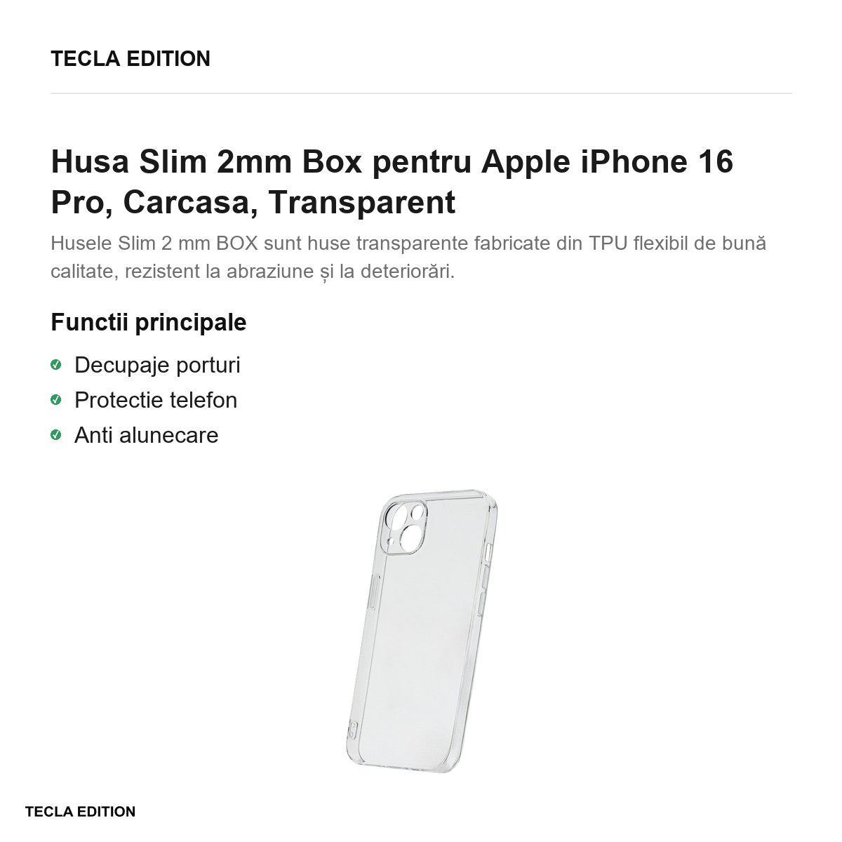 Husa Slim 2mm Box pentru Apple iPhone 16 Pro, Carcasa, Transparent [1]