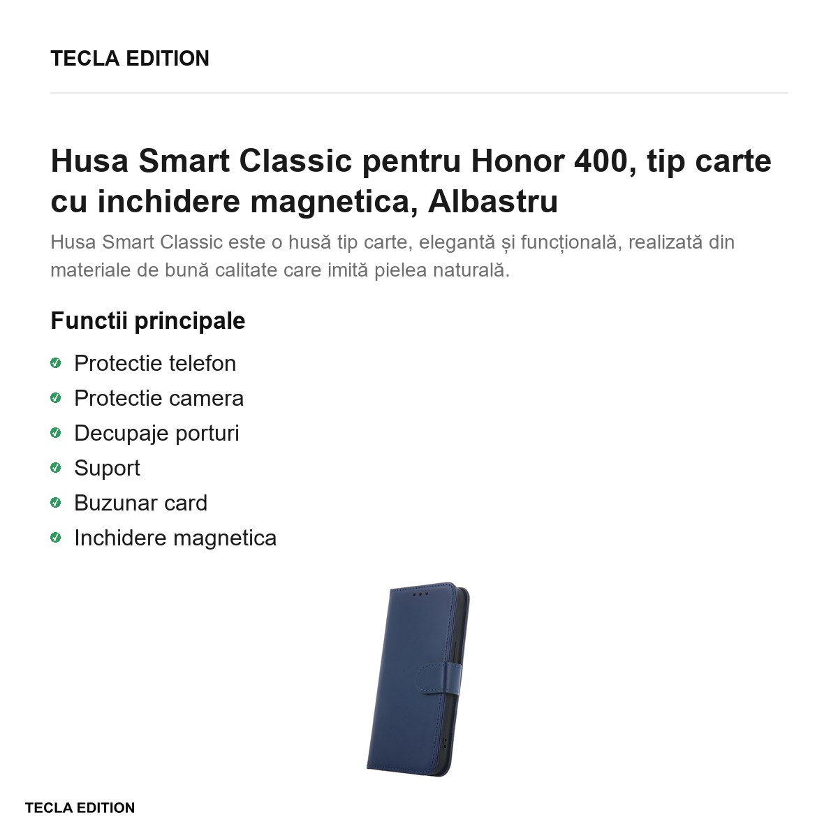 Husa Smart Classic pentru Honor 400, tip carte cu inchidere magnetica, Albastru [1]