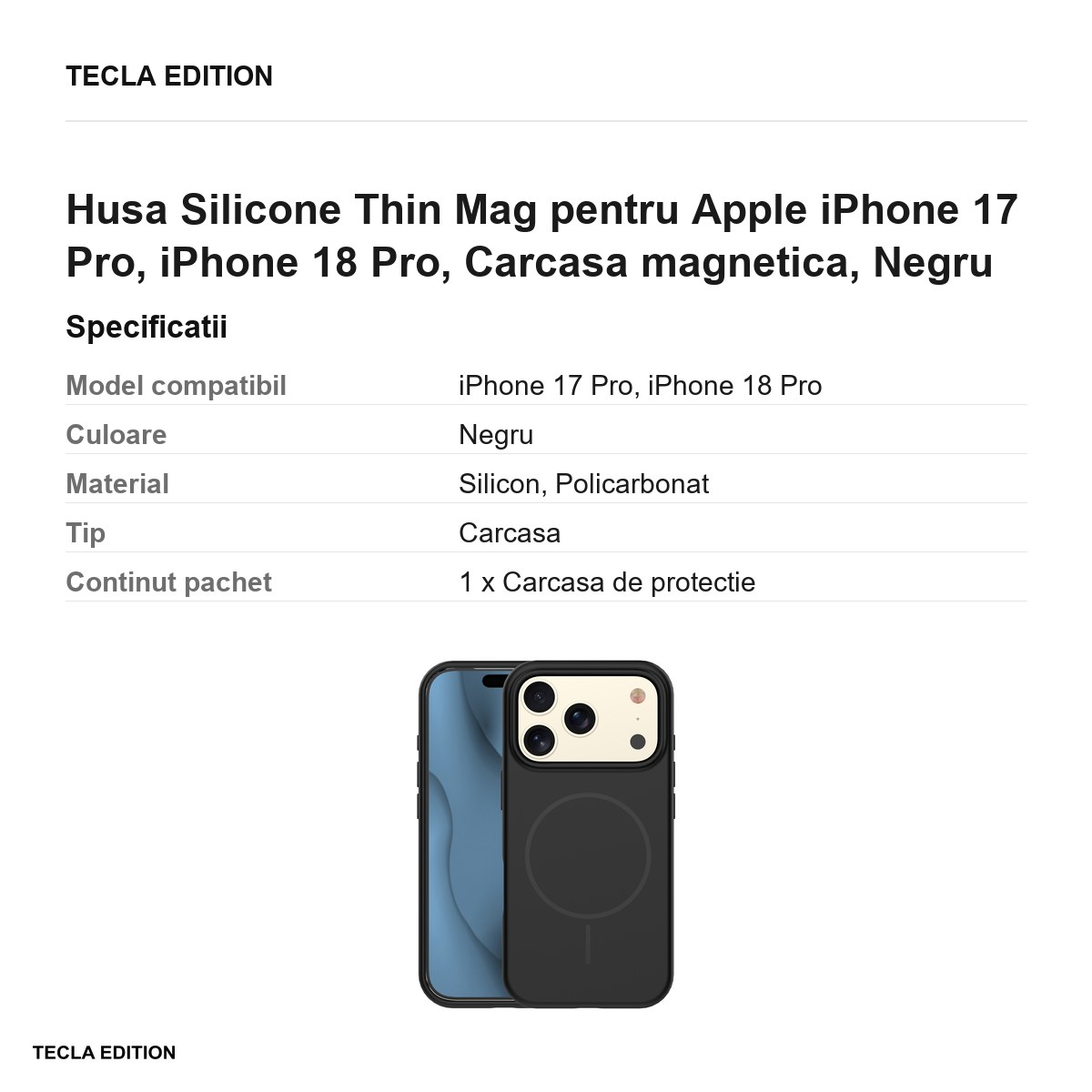 Husa Silicone Thin Mag pentru Apple iPhone 17 Pro, iPhone 18 Pro, Carcasa magnetica, Negru [2]