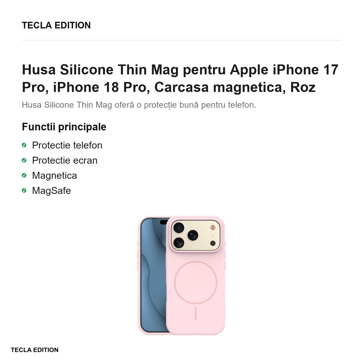 Husa Silicone Thin Mag pentru Apple iPhone 17 Pro, iPhone 18 Pro, Carcasa magnetica, Roz [1]