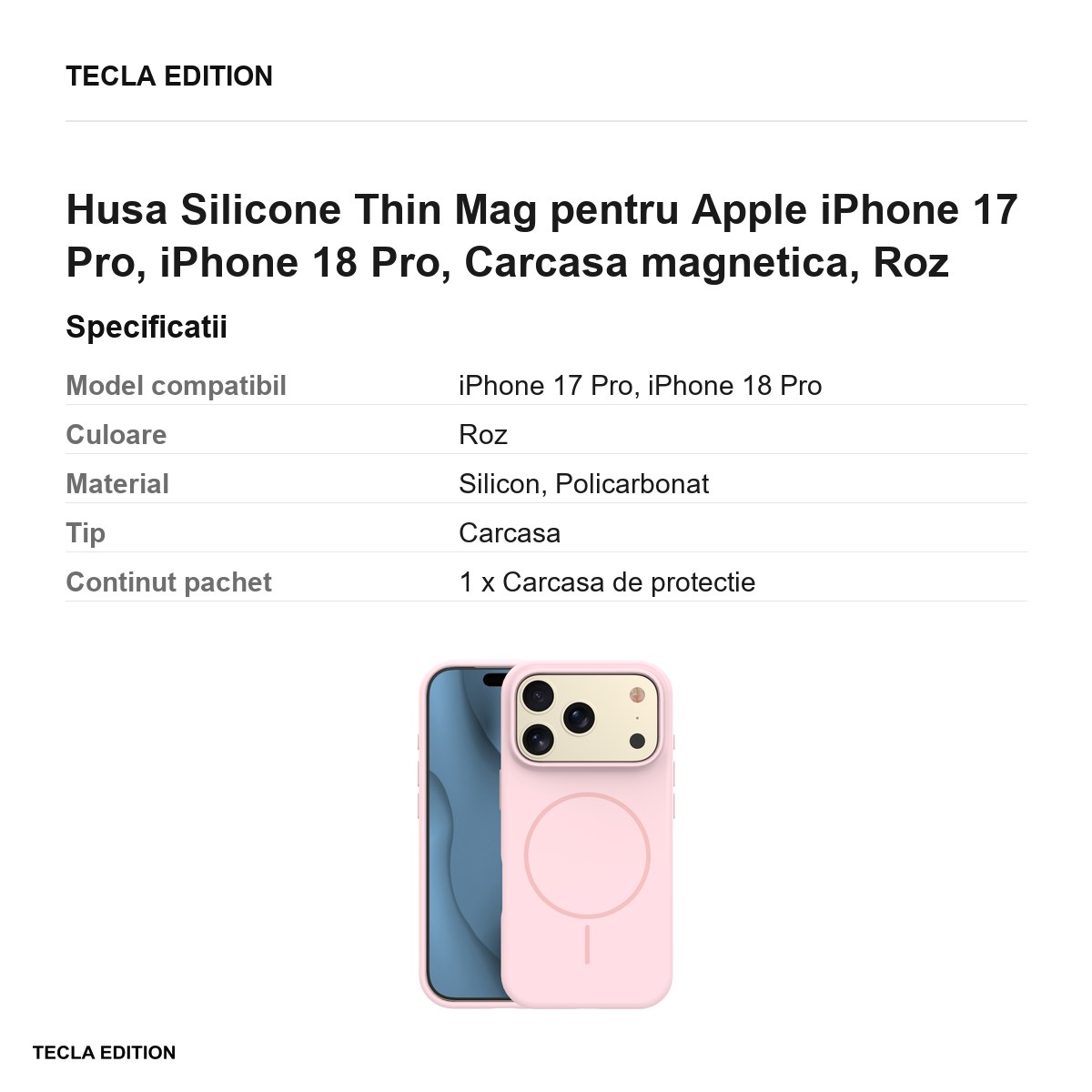 Husa Silicone Thin Mag pentru Apple iPhone 17 Pro, iPhone 18 Pro, Carcasa magnetica, Roz [2]