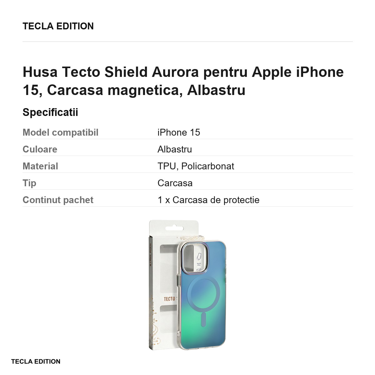 Husa Tecto Shield Aurora pentru Apple iPhone 15, Carcasa magnetica, Albastru [2]