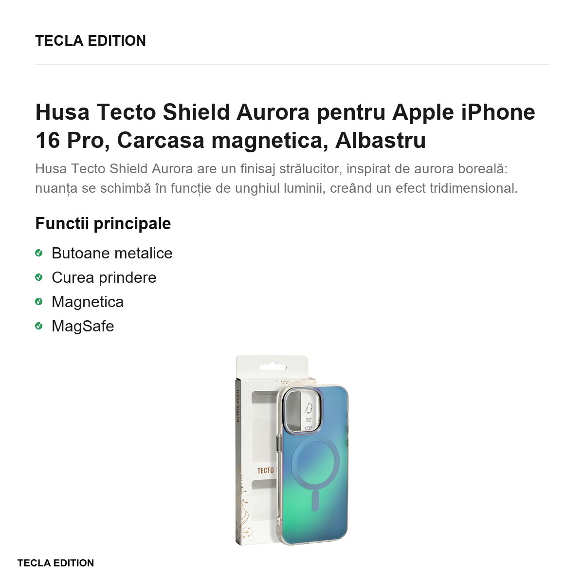 Husa Tecto Shield Aurora pentru Apple iPhone 16 Pro, Carcasa magnetica, Albastru [1]