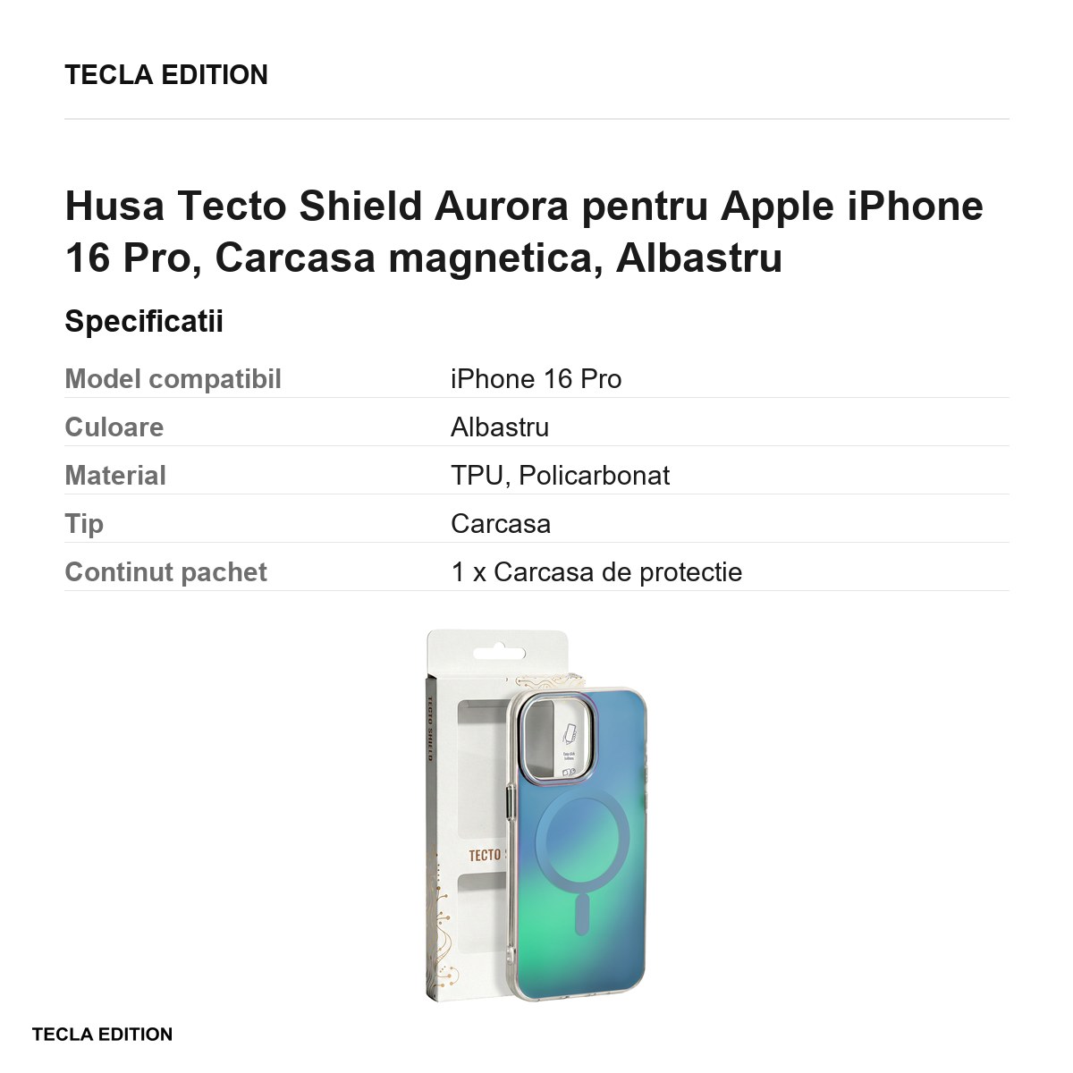 Husa Tecto Shield Aurora pentru Apple iPhone 16 Pro, Carcasa magnetica, Albastru [2]