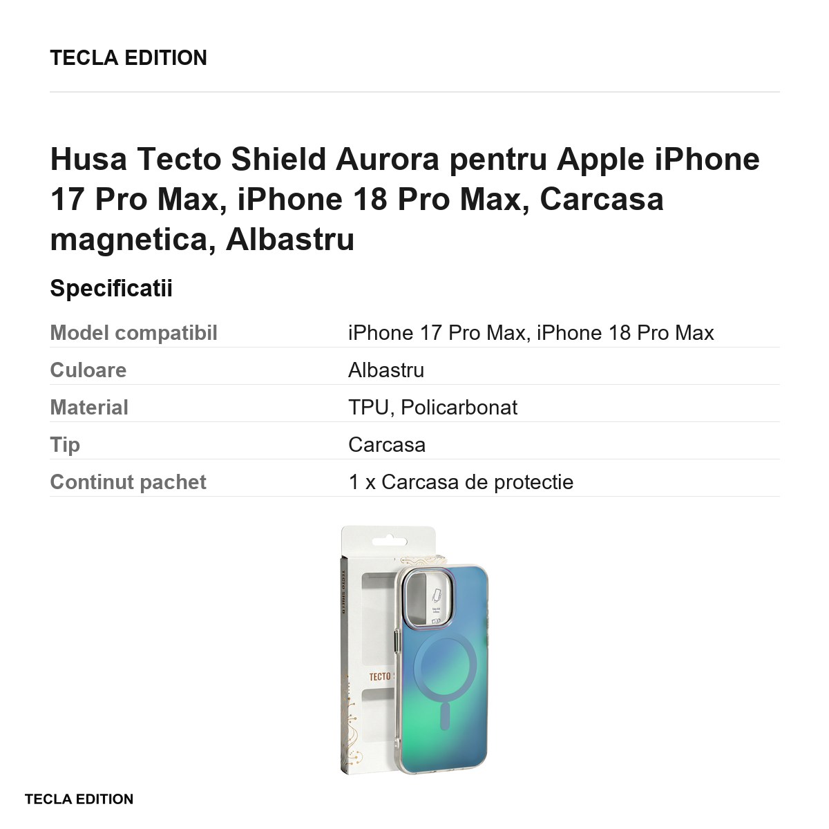 Husa Tecto Shield Aurora pentru Apple iPhone 17 Pro Max, iPhone 18 Pro Max, Carcasa magnetica, Albastru [2]