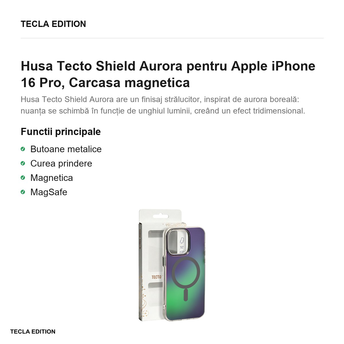 Husa Tecto Shield Aurora pentru Apple iPhone 16 Pro, Carcasa magnetica, Gri [1]