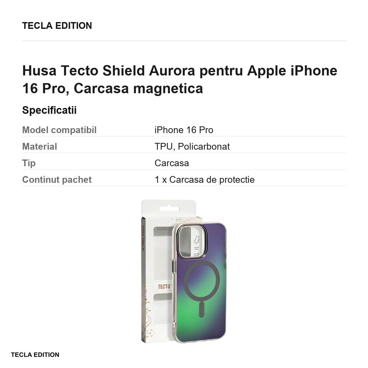 Husa Tecto Shield Aurora pentru Apple iPhone 16 Pro, Carcasa magnetica, Gri [2]